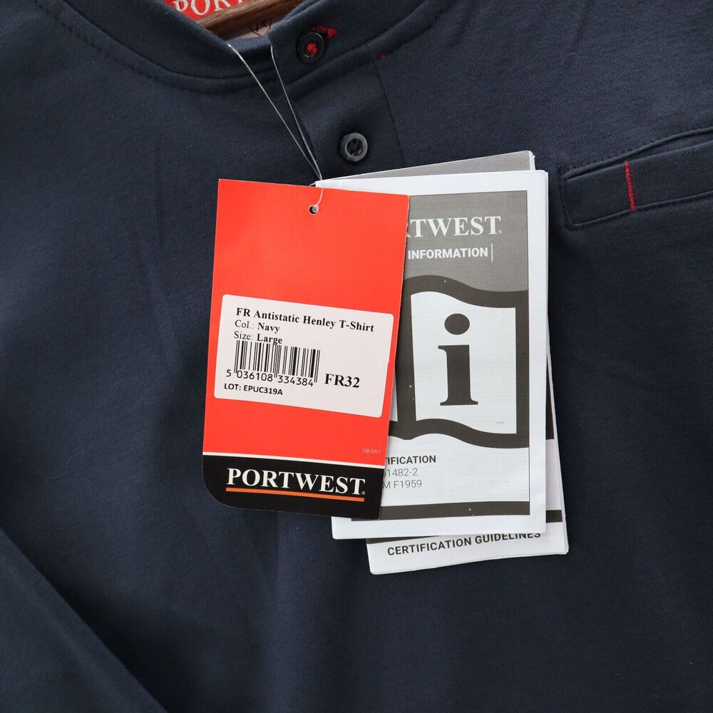 Portwest T-Shirt Men's Large FR32 Bizflame Flame Resistant Henley Long Sleeve - Picture 10 of 13